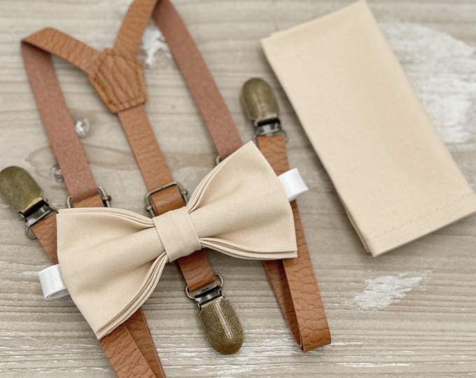 Champagne Tan Bow tie & Suspenders | Skinny Vegan Leather Light Brown Braces | Pocket Square | Ring Bearer Outfit | Boho Rustic Wedding