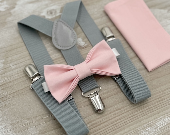Blush Bow tie & Dusty Gray Suspenders, Petal Pink Bow, Pocket Square, Ring Bearer Outfit, Boho Wedding, Groomsman Gift