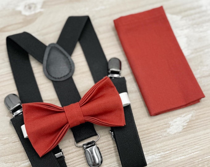Terracotta Bow tie & Suspenders | Black Braces | Cinnamon Bowtie | Pocket Square | Ring Bearer Outfit | Boho Rustic Wedding