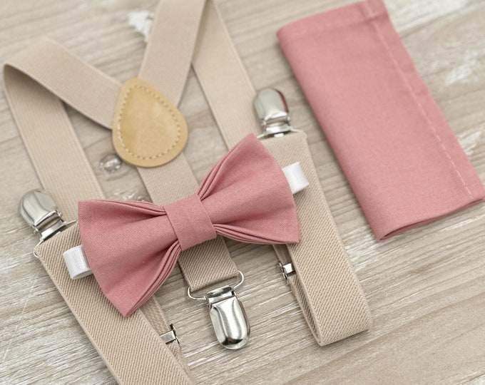 Champagne Rose Bow tie & Suspenders | Champagne Tan Braces | Pocket Square | Ring Bearer Outfit | Boho Rustic Wedding