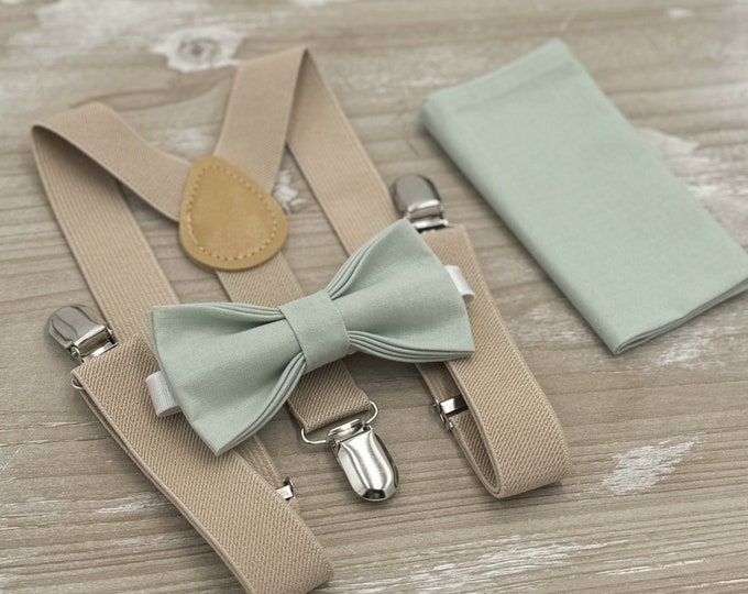 Dusty Sage Bow tie & Suspenders, Champagne Tan Braces, Pocket Square, Ring Bearer Outfit, Boho Wedding Set