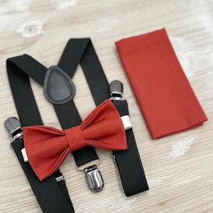 Terracotta Bow tie & Suspenders | Black Braces | Cinnamon Bowtie | Pocket Square | Ring Bearer Outfit | Boho Rustic Wedding