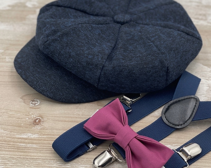 Navy Blue Newsboy cap , Boy's Applejack Flat hat , Chianti Mulberry Bow Tie , Marine Suspenders , Wedding Ring bearer outfit , Ivy Cap