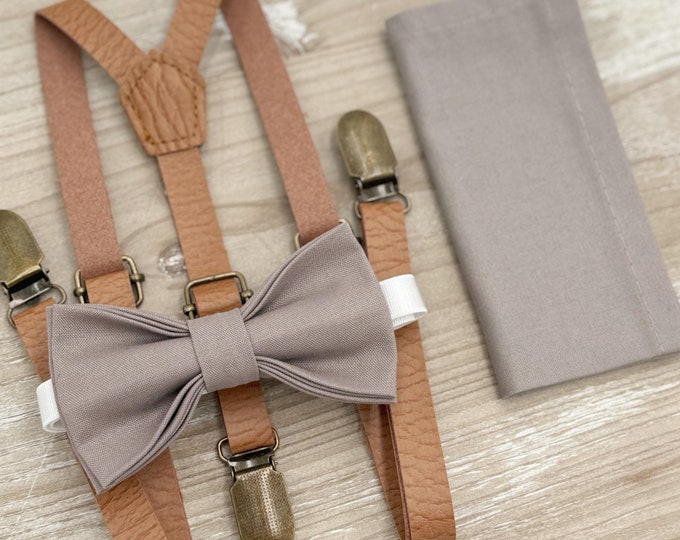 Toffee Bow tie & Suspenders, Leather Skinny Light Brown Braces, Hazelnut Bow, Portobello Bowtie, Pocket Square, Ring Bearer Outfit