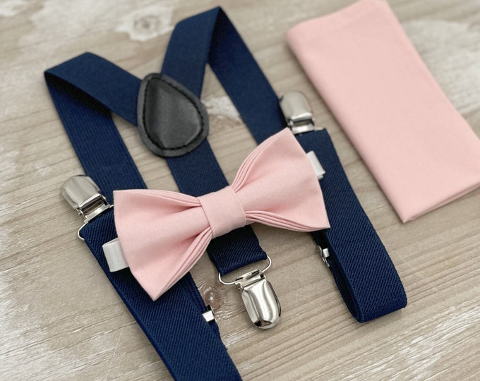 Blush Bow tie & Suspenders, Navy Blue Braces, Petal Bow Tie, Pocket Square, Ring Bearer Outfit, Boho Wedding