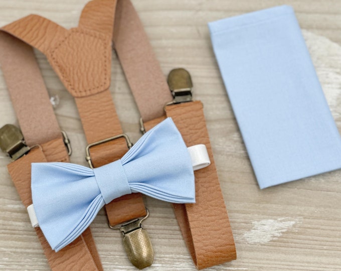 Ice Blue Bow tie & Suspenders | Leather Light Brown Braces | Pocket Square | Ring Bearer Outfit | Boho Rustic Wedding Set