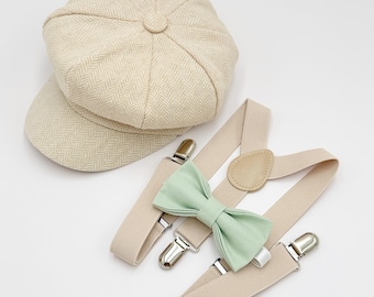 Newsboy Cap Outfit, Baby to 10 Years - Ring Bearer & Page Boy Wedding Set, Dusty Sage Bow Tie and Ivory Suspenders, Gatsby Flat Cap