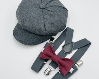 Newsboy Cap, Gatsby Flat Cap, Dark Gray Suspenders & Wine Bow Tie - Baby to Adult Sizes, Ring Bearer Outfit, Page Boy Wedding Set