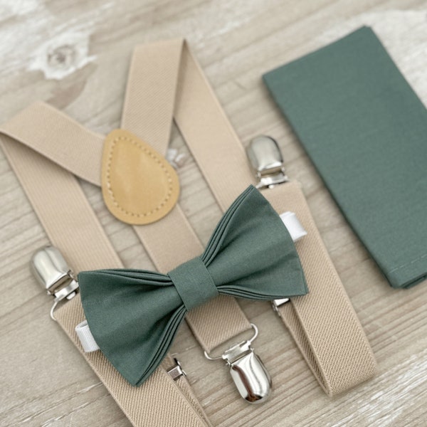 Eucalyptus Green Bow Tie & Champagne Tan Suspenders , Men's pocket square , Boy's Ring Bearer gift , Groomsmen Wedding Outfit