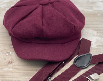 Boy's Newsboy cap , Burgundy Applejack Flat hat , Wine Suspenders , Wedding Ring bearer outfit , Newborn Tweed Dark red Ivy Cap