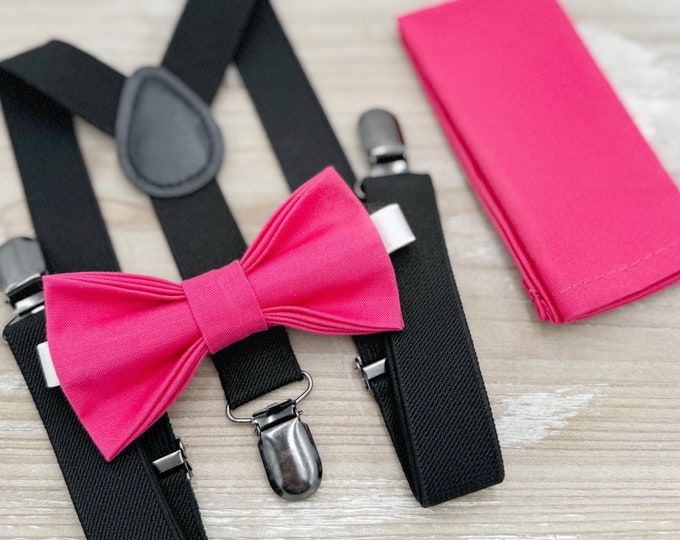 Fuchsia Bow tie & Suspenders | Black Braces | Begonia Pink Bowtie | Pocket Square | Ring Bearer Outfit | Boho Rustic Wedding Set