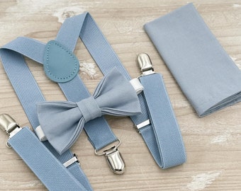 Dusty Blue Bow Tie and Suspenders Set – All Sizes for Men & Boys, Slate Bowtie, Pocket Square, Ring Bearer, Boho Rustic Wedding