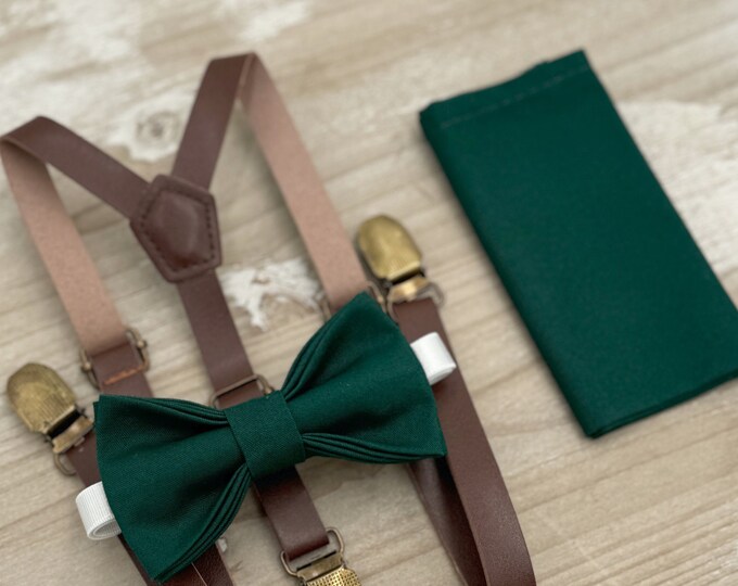 Pine Bow tie & Suspenders | Skinny Vegan Leather Braces | Gem Bow | Pocket Square | Ring Bearer Outfit | Boho Wedding