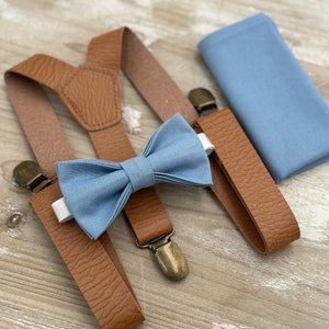 Steel Blue Bow Tie & Suspenders , Light Brown Leather Braces , Men&#39;s pocket square , Boy&#39;s Ring Bearer gift , Groomsmen Wedding outfit