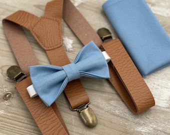 Steel Blue Bow Tie & Suspenders , Light Brown Leather Braces , Men's pocket square , Boy's Ring Bearer gift , Groomsmen Wedding outfit
