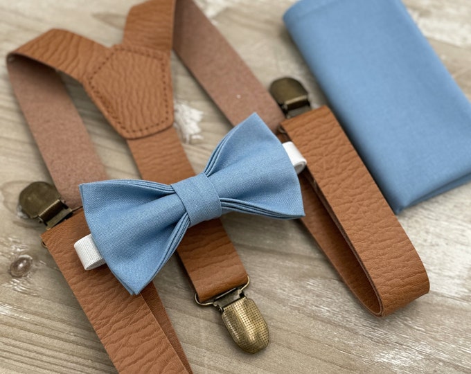 Steel Blue Bow Tie & Suspenders , Light Brown Leather Braces , Men's pocket square , Boy's Ring Bearer gift , Groomsmen Wedding outfit