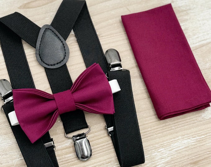 Sangria Bow tie & Suspenders | Black Braces | Maroon Crimson Bow | Pocket Square | Ring Bearer Outfit | Boho Rustic Wedding