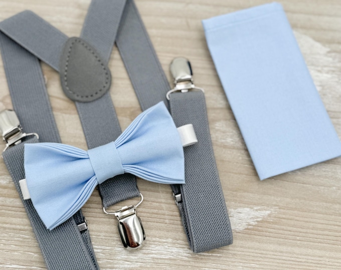 Ice Blue Bow tie & Suspenders | Gray Braces | Sky Blue Bow | Pocket Square | Ring Bearer Outfit | Boho Rustic Wedding Set
