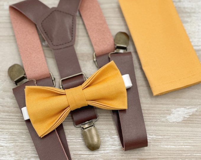 Marigold Bow tie & Suspenders | Leather Braces | Pocket Square | Ring Bearer Outfit | Boho Rustic Wedding