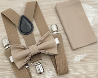 Light Taupe Bow Tie & Taupe Suspenders Set - Ring Bearer and Groomsman Outfit, Rustic Wedding, Pocket Square, All Sizes Baby to Adult