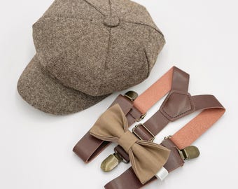 Newsboy Cap Outfit for Baby to Adult - Ring Bearer and Groomsman Wedding Set with Taupe Bow Tie and Leather Suspenders, Gatsby Flat Cap