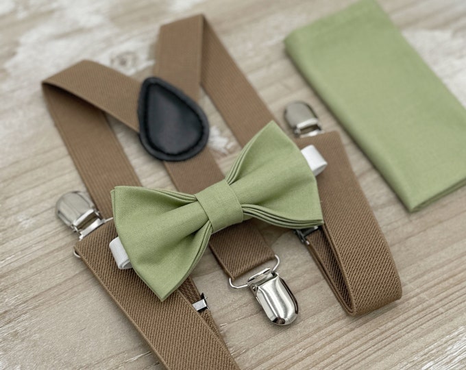 Pistachio Bow Tie & Taupe Suspenders - Ring Bearer and Groomsman Outfit, Rustic Wedding, Pocket Square, Toddler to Adult Sizes