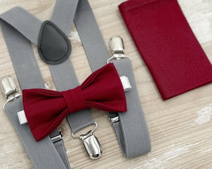 Burgundy Bow tie & Grey Suspenders | Gray Braces | Pocket Square | Ring Bearer Outfit | Boho Rustic Wedding