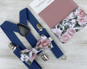 Floral Dusty Rose Bow Tie & Steel Blue Suspenders , Men's pocket square , Boy's Ring Bearer gift , Groomsmen Gift , Wedding Groom outfit