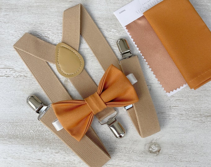 Butterscotch Bow tie & Suspenders, Nude Khaki Braces, Pocket Square, Ring Bearer Outfit, Boho Rustic Wedding, Groomsman Gift, Sundial Bow