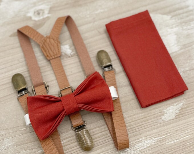 Terracotta Bow tie & Skinny Leather Light Brown Suspenders | Cinnamon Bow | Pocket Square | Ring Bearer Outfit | Boho Rustic Wedding