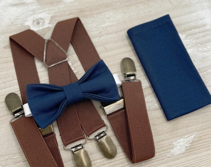 Navy Bow tie & Suspenders | Brown X - Back Braces | Marine Blue Bowtie | Pocket Square | Ring Bearer Outfit | Boho Rustic Wedding
