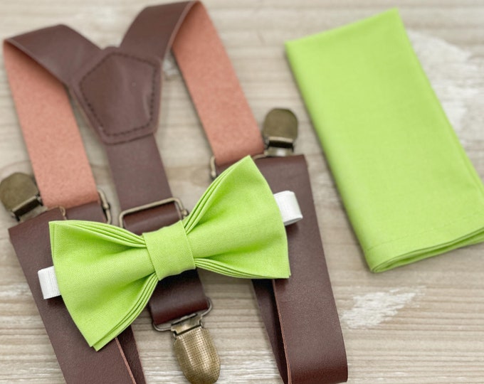 Pear Bow tie & Suspenders | Vegan Leather Suspenders | Lime Green Bowtie | Pocket Square | Ring Bearer Outfit | Boho Wedding Set