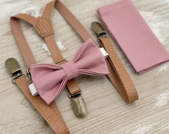 Dusty Rose Bow Tie & Skinny Leather Suspenders Set - Ring Bearer Groomsman Outfit, Rustic Wedding, Pocket Square, All Sizes Baby to Adult