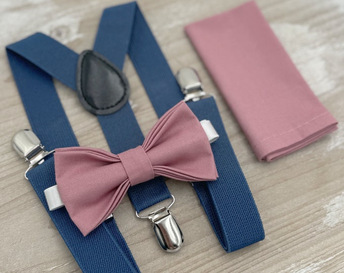 Dusty Rose Bow Tie & Steel Blue Suspenders – Ring Bearer and Groomsman Outfit, Rustic Boho Wedding, Pocket Square, Toddler to Adult Sizes