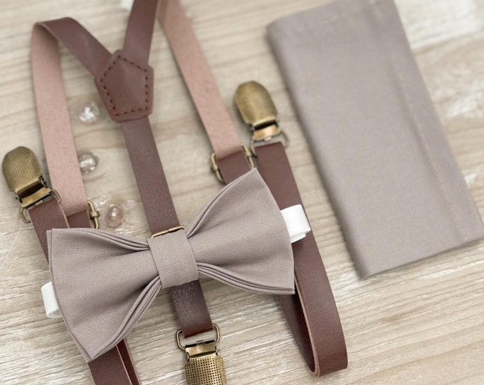 Toffee Bow tie & Suspenders, Leather Skinny Braces, Hazelnut Bow, Portobello Bowtie, Pocket Square, Ring Bearer Outfit, Boho Wedding