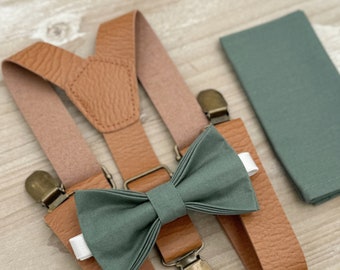 Eucalyptus Bow Tie & Leather Light Brown Suspenders , Men's pocket square , Boy's Ring Bearer gift , Groomsmen Gift , Wedding outfit