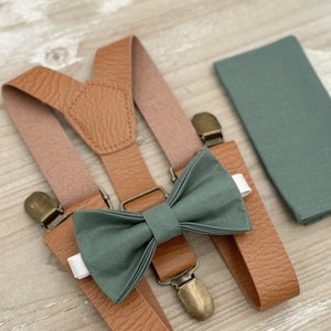 Eucalyptus Bow Tie & Leather Light Brown Suspenders , Men's pocket square , Boy's Ring Bearer gift , Groomsmen Gift , Wedding outfit