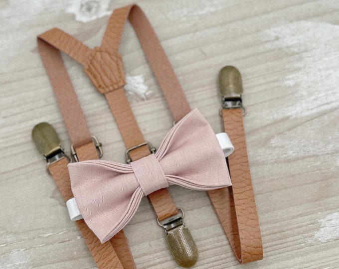 Vintage Rose Bow tie & Suspenders | Skinny Leather Light Brown Braces | Linen Cameo BowTie | Ring Bearer Outfit | Boho Rustic Wedding