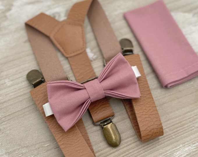 Dusty Rose Bow Tie & Suspenders – All Sizes for Men and Boys, Leather Braces, Pocket Square, Ring Bearer, Groomsman Gift, Boho Barn Wedding