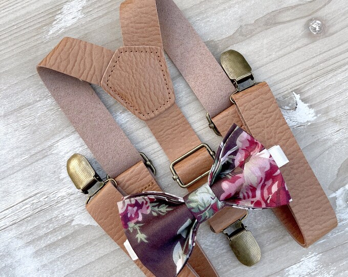Brown Floral Bow Tie & Light Brown Suspenders , Men's bow tie , Boy's Ring Bearer Toddler gift , Groomsmen Gift , Wedding Groom outfit