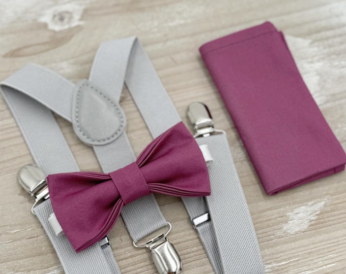 Chianti Bow tie & Suspenders | Light Gray Braces | Mulberry Bow | Pocket Square | Ring Bearer Outfit | Boho Rustic Wedding