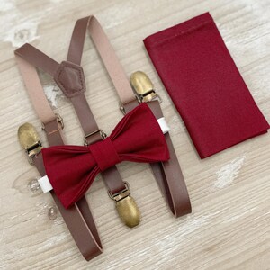 Burgundy Bow tie & Suspenders | Leather Skinny Braces | Pocket Square | Ring Bearer Outfit | Boho Rustic Wedding