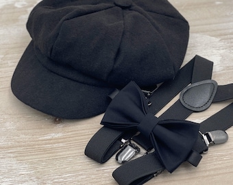Newsboy Hat, Tweed Cap, Black Suspenders, Bow Tie, Ring Bearer Outfit, Cake Smash Outfit, Page Boy Cap, Barn Style Wedding Set
