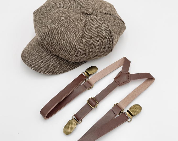 Newsboy Cap Outfit, Baby to Adult - Ring Bearer & Groomsman Wedding Set, Skinny Leather Suspenders, Toddler Gatsby Flat Cap