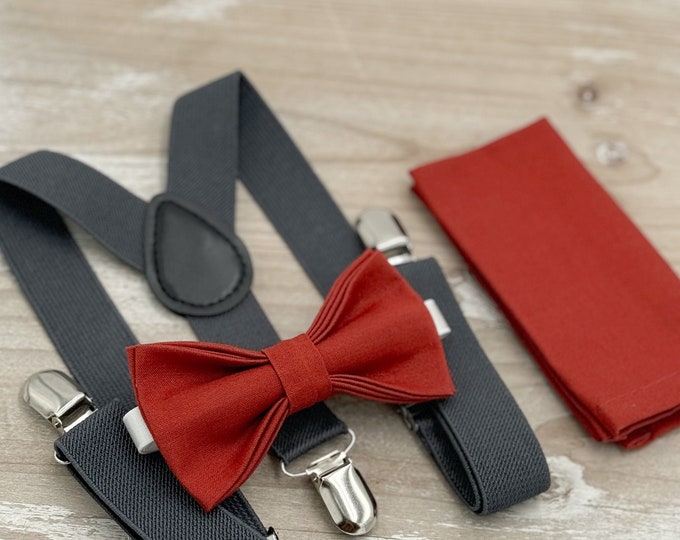 Terracotta Bow tie & Suspenders | Cinnamon Bow | Charcoal Braces | Pocket Square | Ring Bearer Outfit | Boho Rustic Wedding | Groomsman Gift