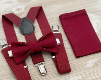 Burgundy Bow Tie & Suspenders Set - Ring Bearer and Groomsman Outfit, Rustic Wedding, Pocket Square, All Sizes Baby to Adult