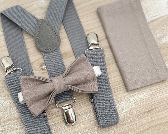 Toffee Bow tie & Suspenders, Gray Braces, Hazelnut Bow, Portobello Bowtie, Pocket Square, Ring Bearer Outfit, Boho Wedding