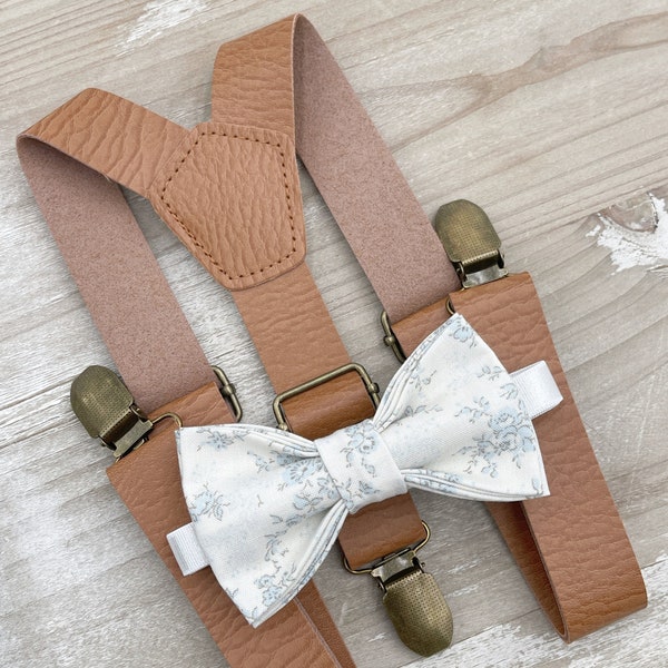 Floral Dusty Blue Bow Tie & Leather Suspenders , Men's Light Brown Braces , Boy's Ring Bearer gift , Groomsmen Wedding outfit