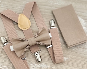 Light Taupe Bow Tie & Suspenders – Ring Bearer and Groomsman Outfit, Rustic Boho Wedding Set, Pocket Square, Toddler to Adult Sizes