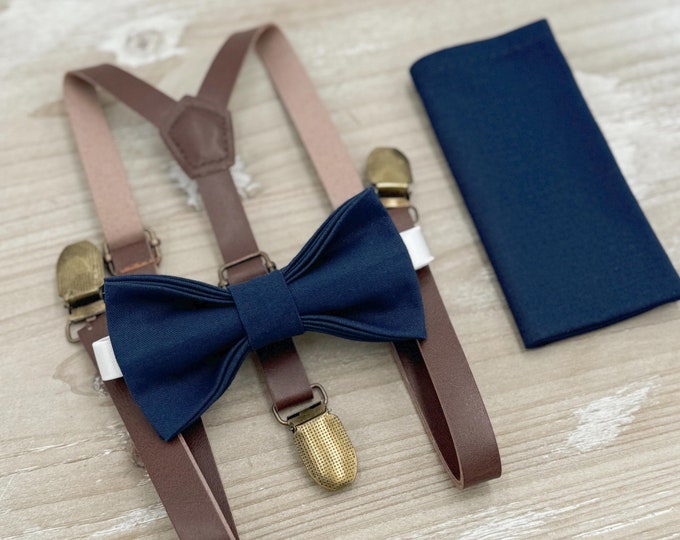 Navy Bow tie & Suspenders | Skinny Leather Braces | Marine Blue Bowtie | Pocket Square | Ring Bearer Outfit | Boho Rustic Wedding
